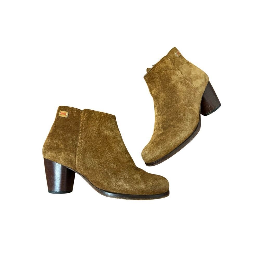 Camper BrownβSuede Booties Ankle Boots Stacked Heels Size 7